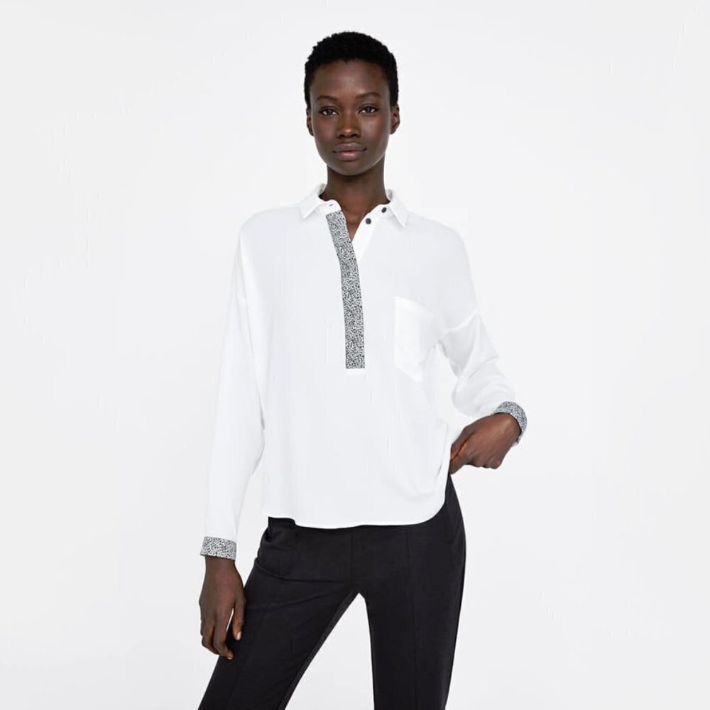 EUC Zara white / off-white sheer button up blouse w/ animal print accent piping